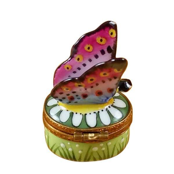 Mini Butterfly on Daisy Porcelain Limoges Butterfly French Trinket Box