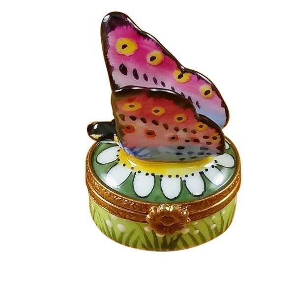 Mini Butterfly on Daisy Porcelain Limoges Butterfly French Trinket Box