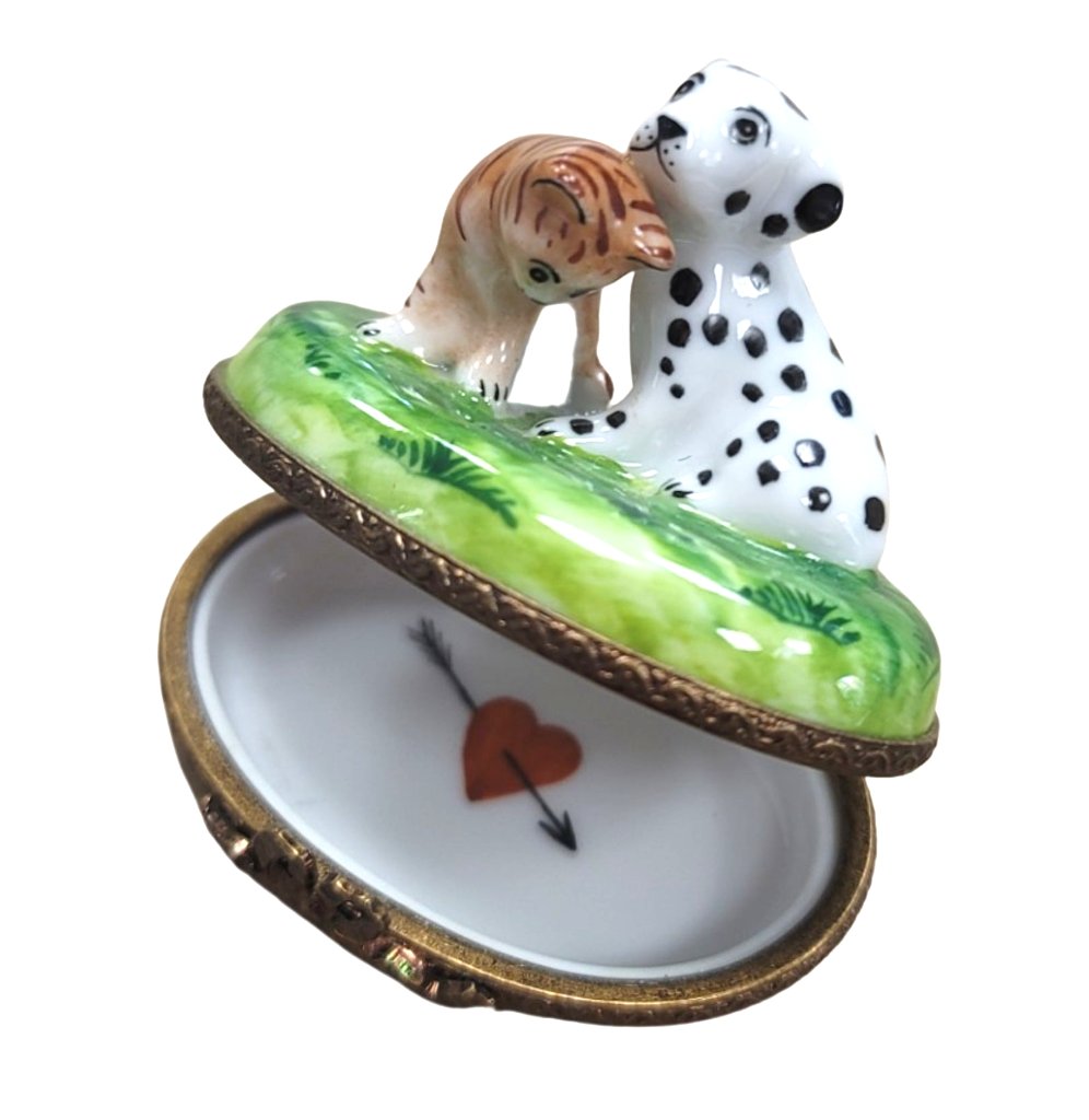 Mini Dalmatian and Cat Figurine Porcelain Limoges Dog LIMOGES BOXES cat French Trinket Box