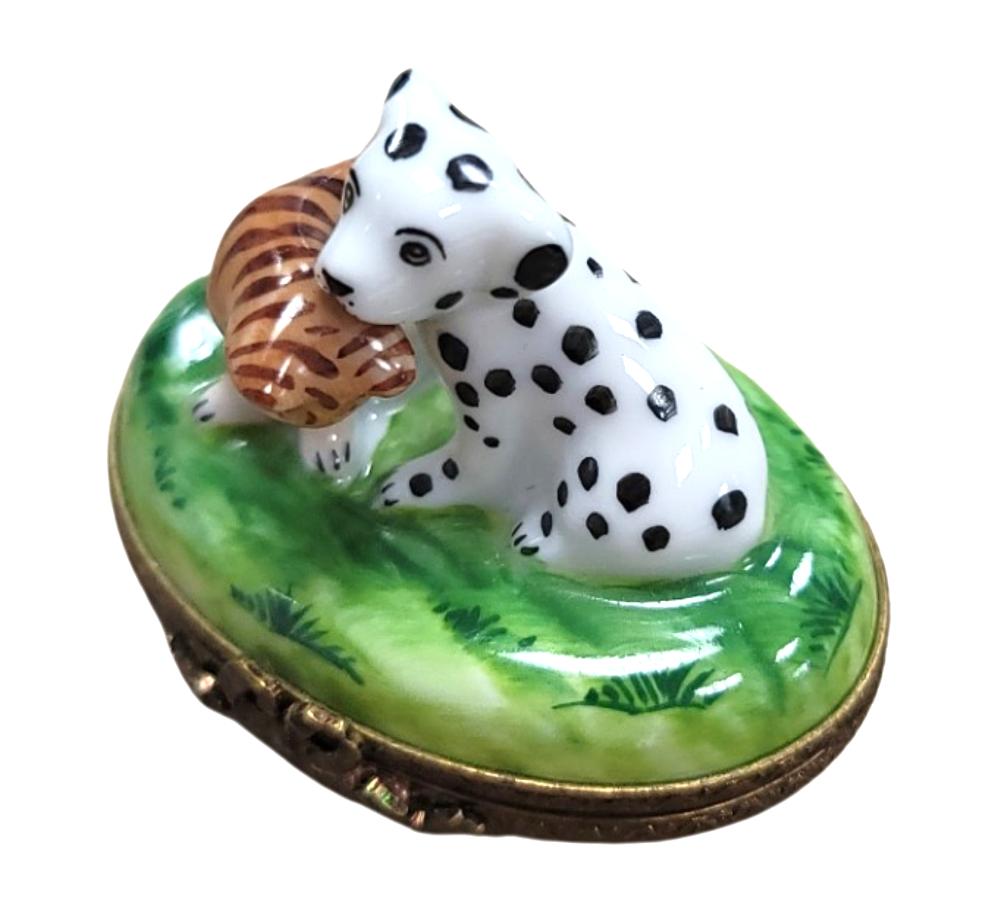 Mini Dalmatian and Cat Figurine Porcelain Limoges Dog LIMOGES BOXES cat French Trinket Box