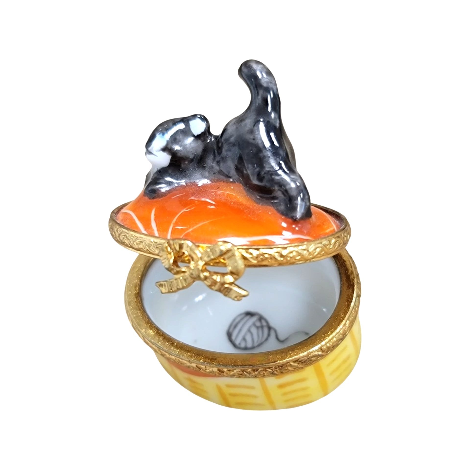 Miniature Black Cat Treasure Porcelain Limoges Cat French Trinket Box