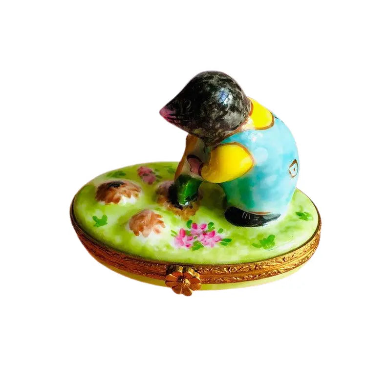Mole w Shovel Porcelain Limoges bugs critters French Trinket Box