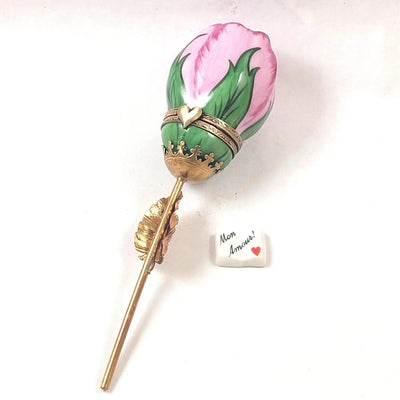 Mon Amour Pink Long Stem Rose Porcelain Limoges valentine flowers garden French Trinket Box