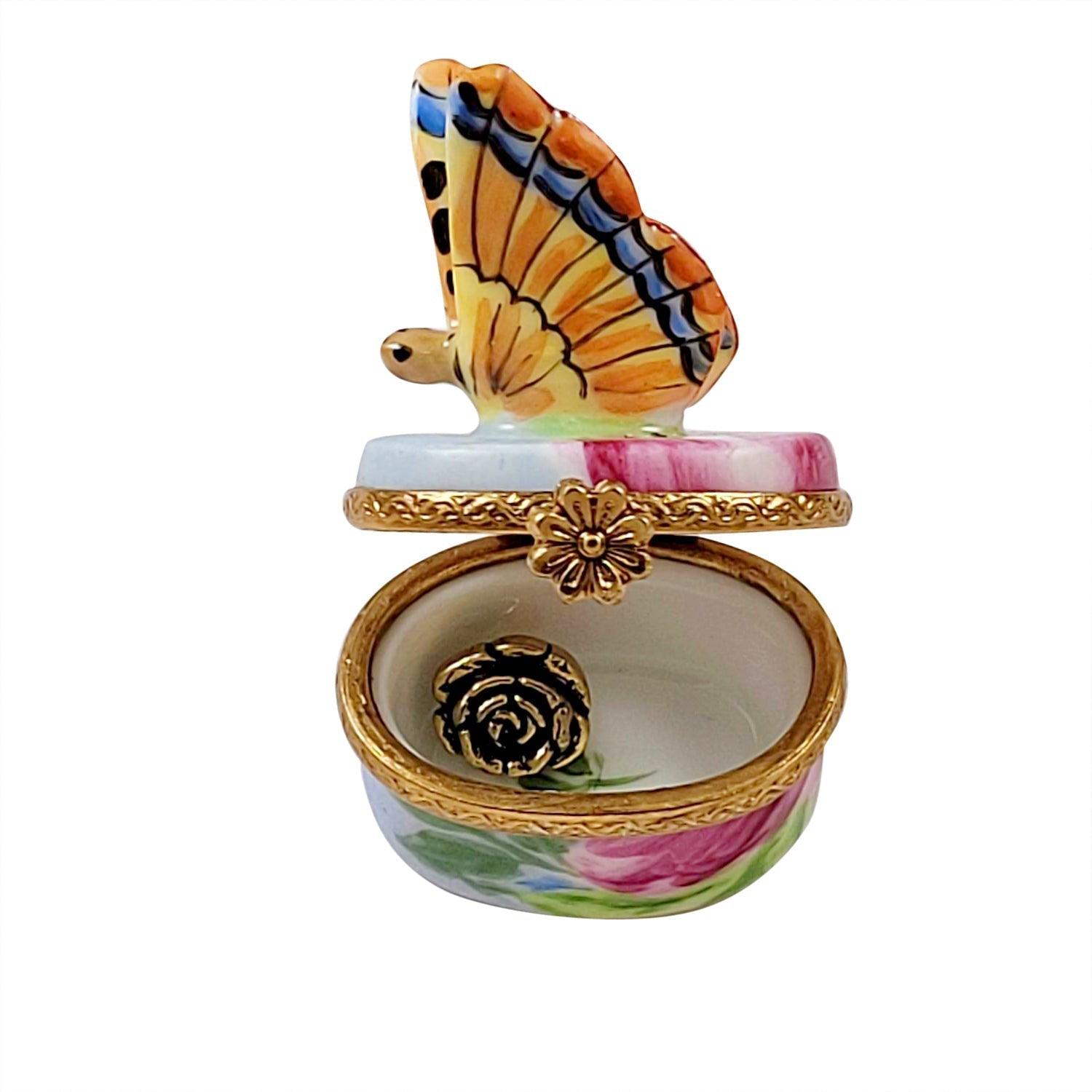 Monarch Butterfly with Brass Flower Porcelain Limoges Butterfly French Trinket Box