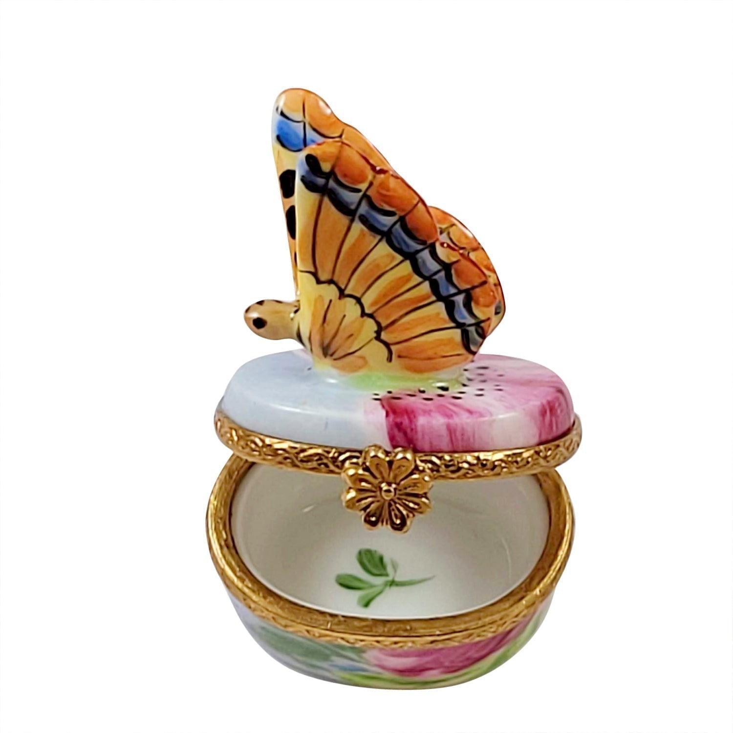 Monarch Butterfly with Brass Flower Porcelain Limoges Butterfly French Trinket Box
