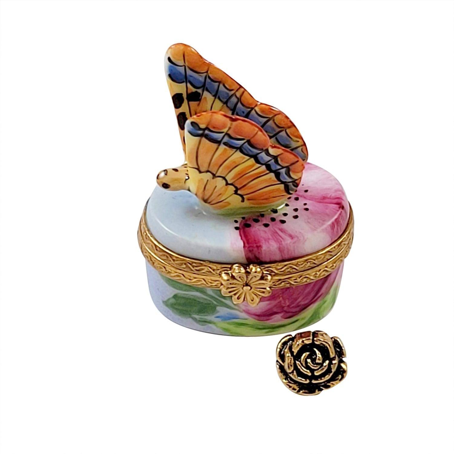 Monarch Butterfly with Brass Flower Porcelain Limoges Butterfly French Trinket Box