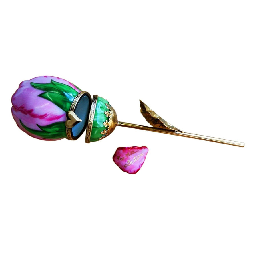 Mothers Day Pink Long Brass Rose with Removable Mother Petal Porcelain Limoges mother flowers garden French Trinket Box