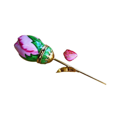 Mothers Day Pink Long Brass Rose with Removable Mother Petal Porcelain Limoges mother flowers garden French Trinket Box