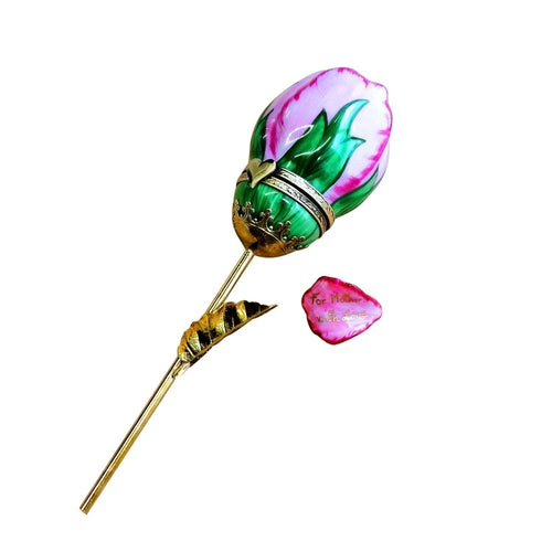 Mothers Day Pink Long Brass Rose with Removable Mother Petal Porcelain Limoges mother flowers garden French Trinket Box