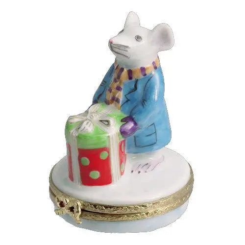 Mouse w Christmas Present Porcelain Limoges xmas theme French Trinket Box