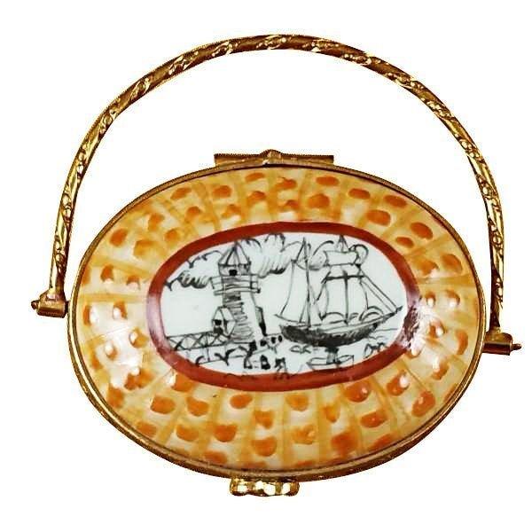 Nantucket Basket with Lighthouse Porcelain Limoges Home Beach Basket French Trinket Box