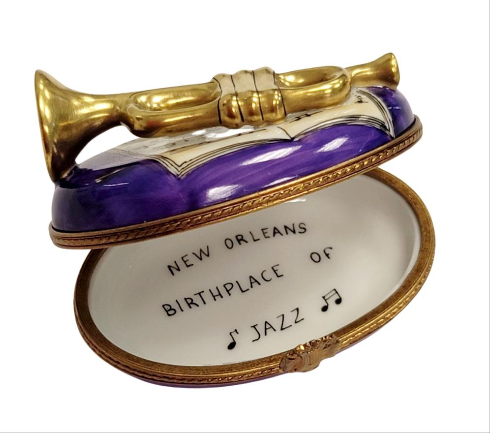 New Orleans Jazz Trumpet Figurine Porcelain Limoges Music LIMOGES BOXES French Trinket Box