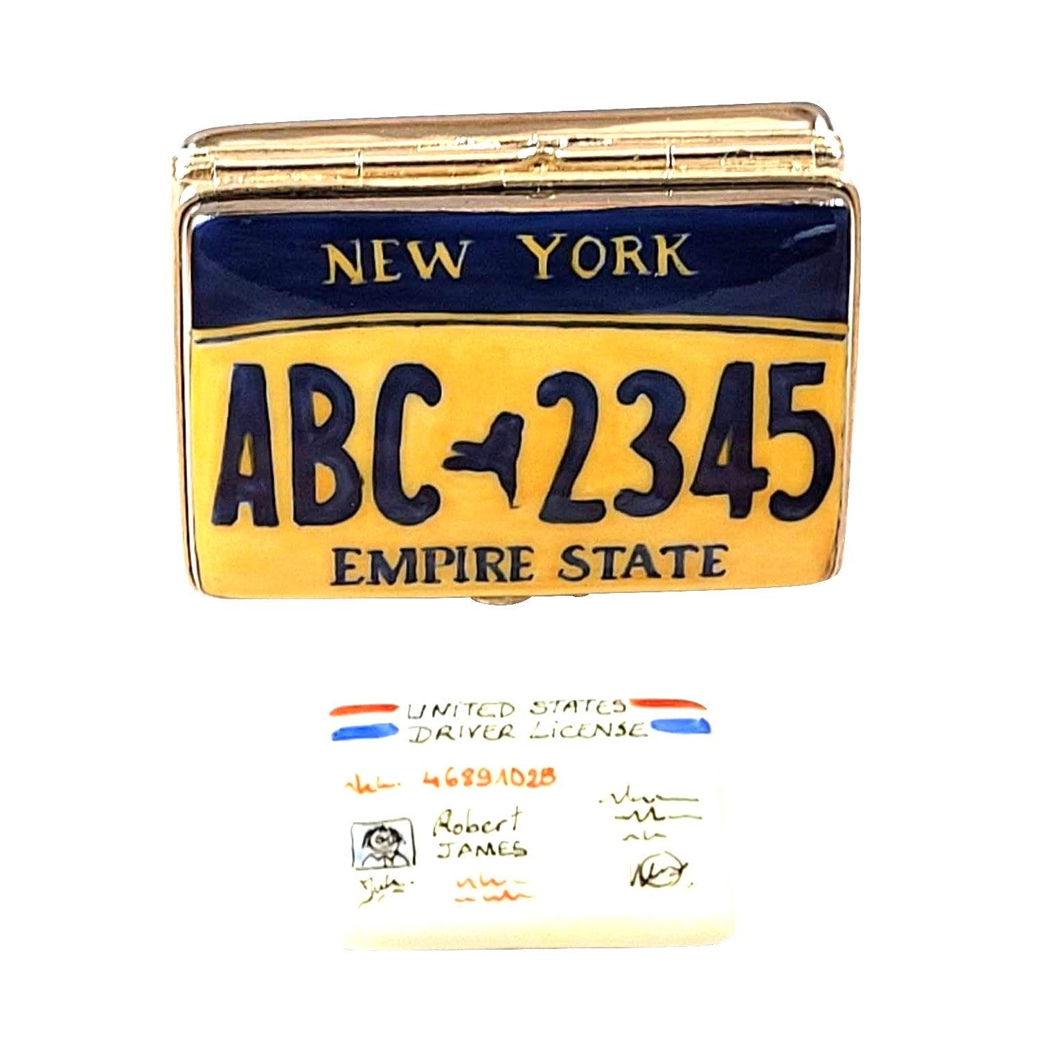 New York License Plate with Driver's License Porcelain Limoges United States Vehicle French Trinket Box