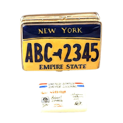 New York License Plate with Driver's License Porcelain Limoges United States Vehicle French Trinket Box
