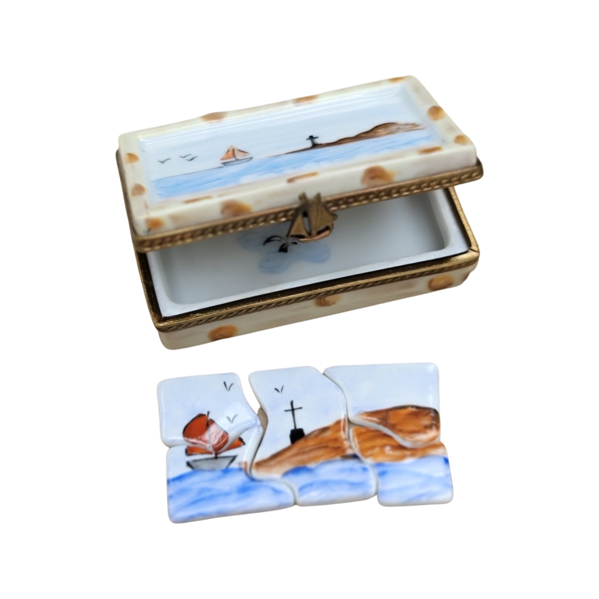 Ocean Scene Puzzle Box Porcelain Limoges LIMOGES BOXES beach games gambling travel French Trinket Box