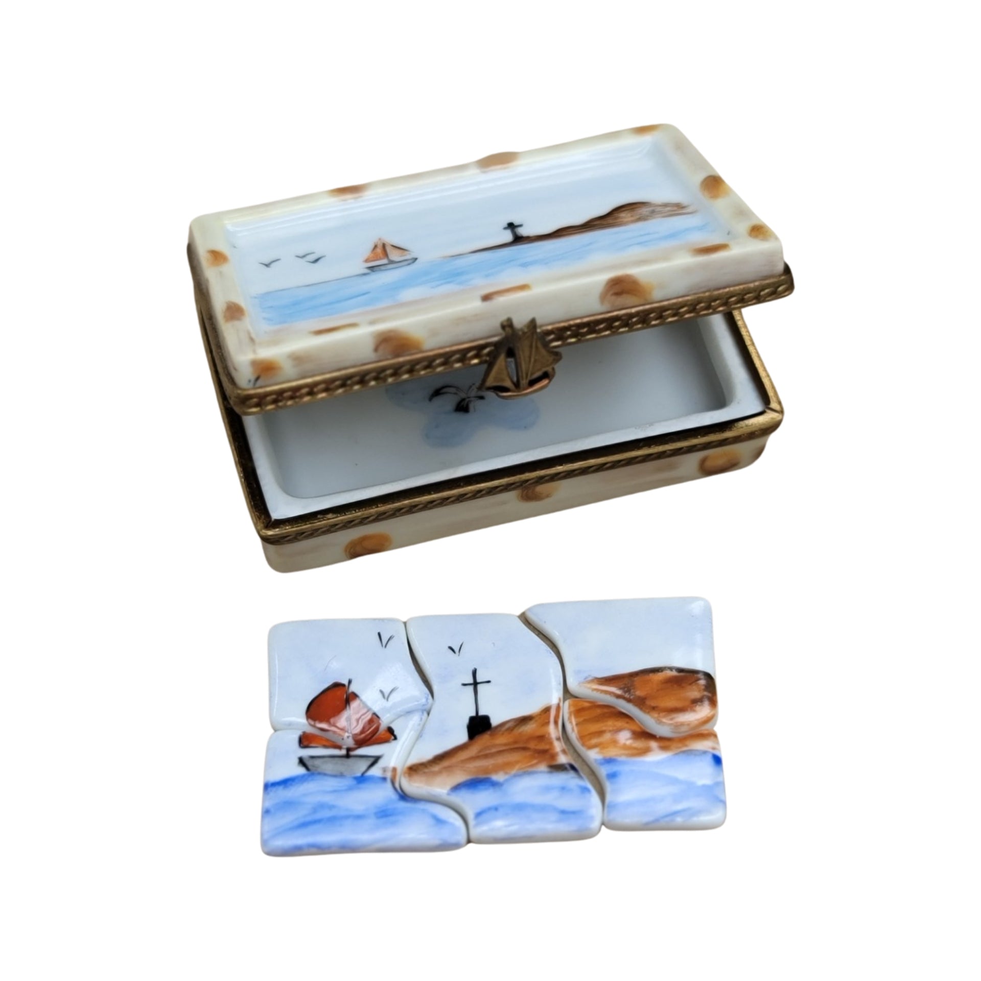 Ocean Scene Puzzle Box Porcelain Limoges LIMOGES BOXES beach games gambling travel French Trinket Box