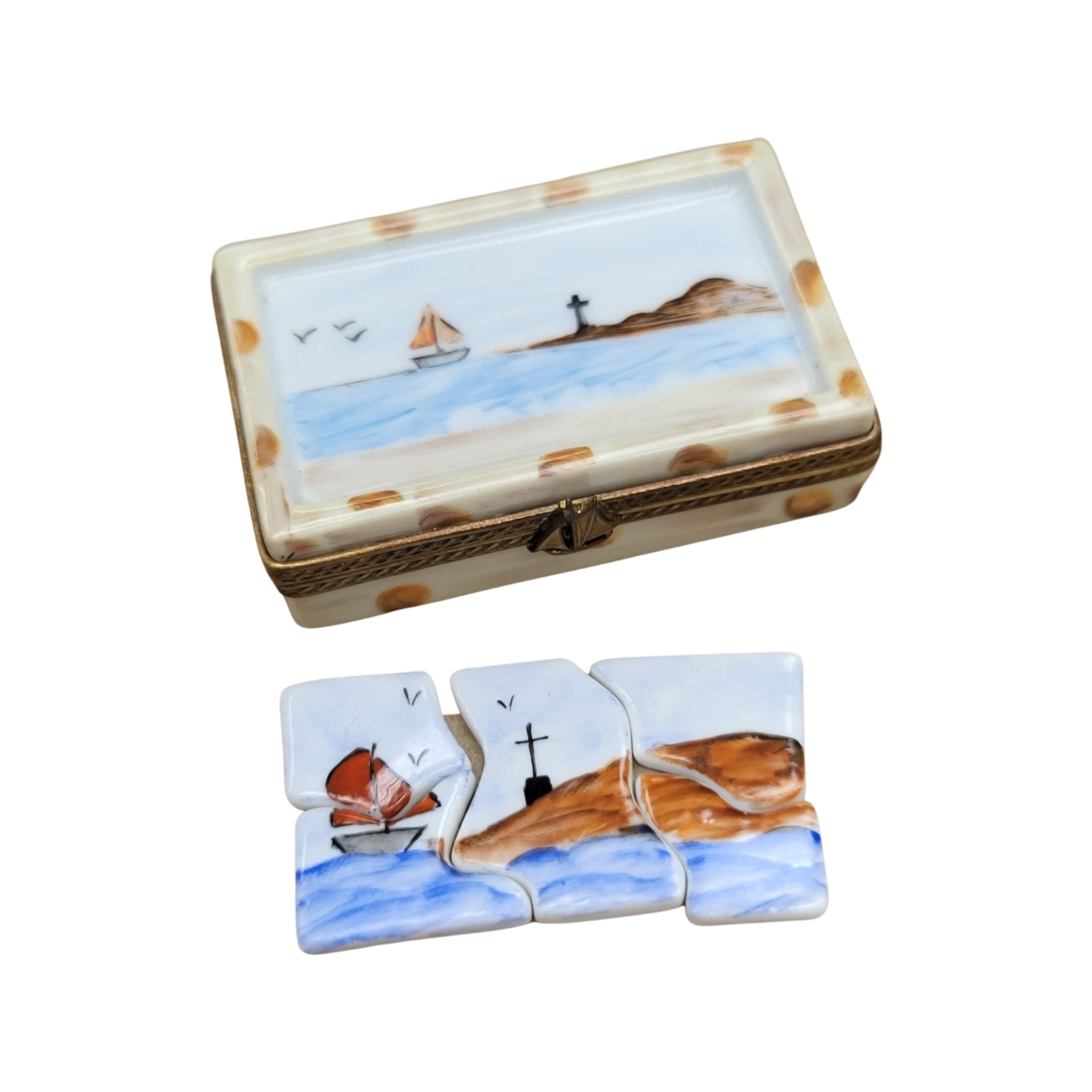 Ocean Scene Puzzle Box Porcelain Limoges LIMOGES BOXES beach games gambling travel French Trinket Box