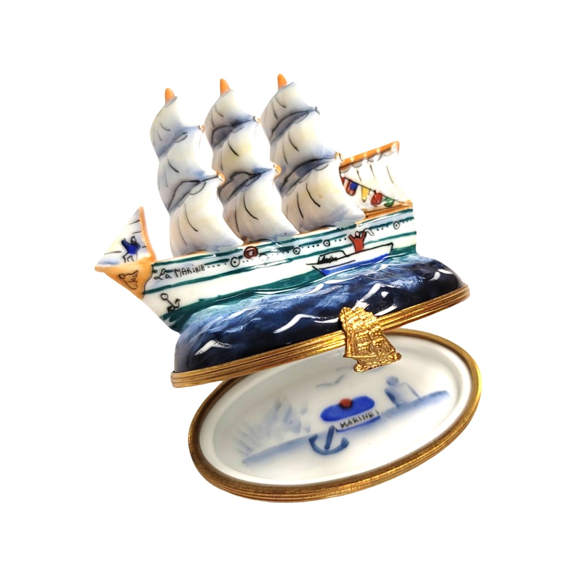 Old Sea Ship Porcelain Keepsake Porcelain Limoges vehicle French Trinket Box
