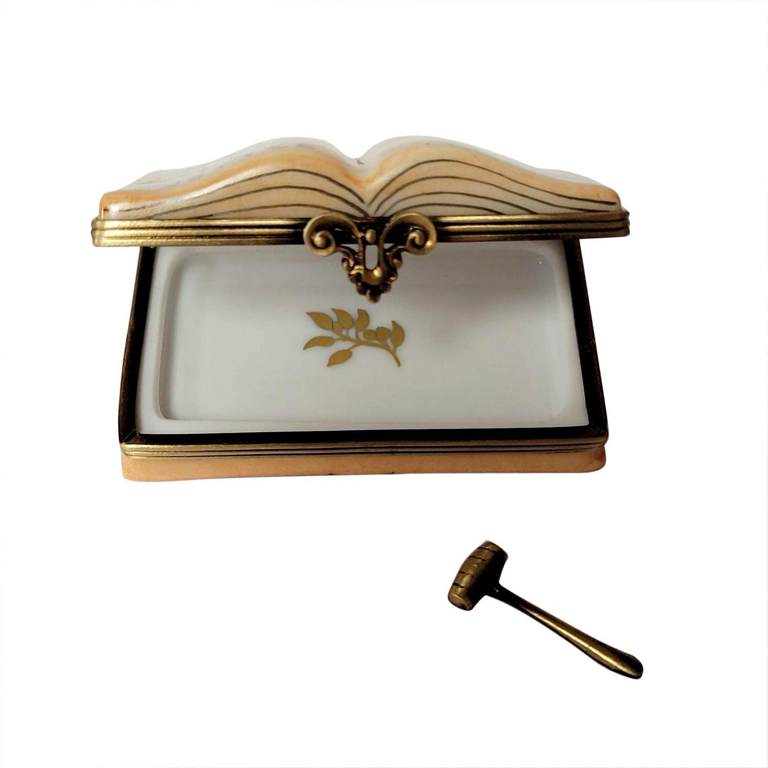 Open Law Book with Removable Brass Gavel Porcelain Limoges professional book French Trinket Box