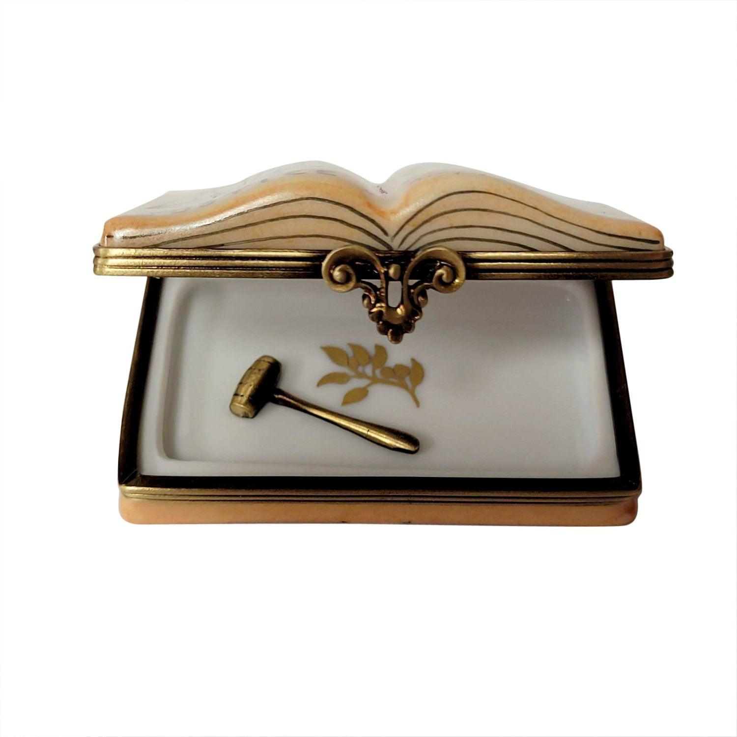 Open Law Book with Removable Brass Gavel Porcelain Limoges professional book French Trinket Box