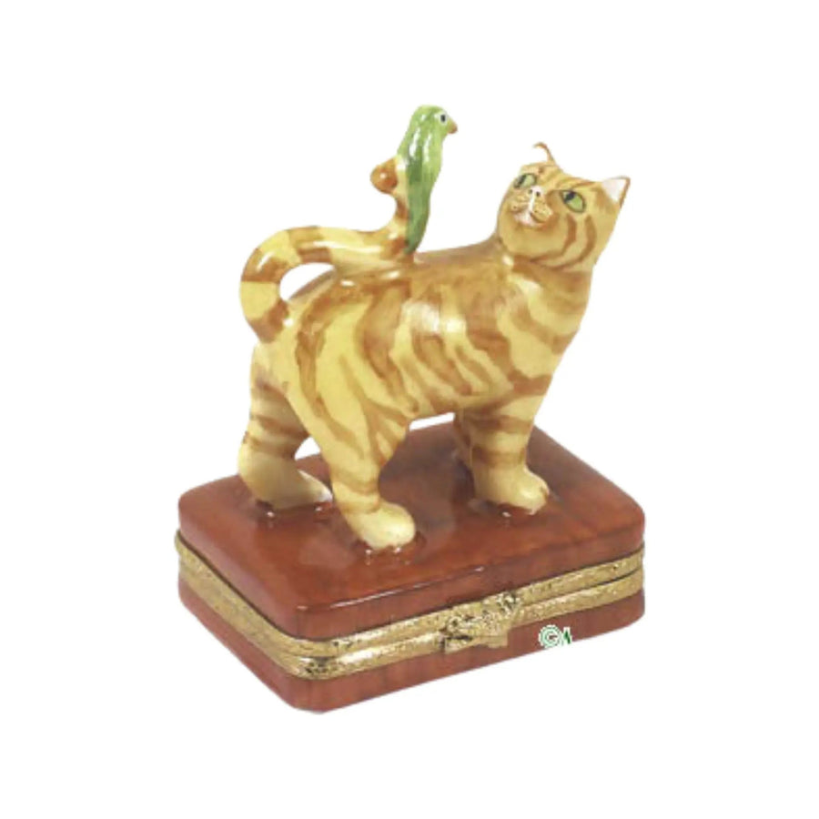 Orange Cat w Green Bird Porcelain Limoges cat French Trinket Box