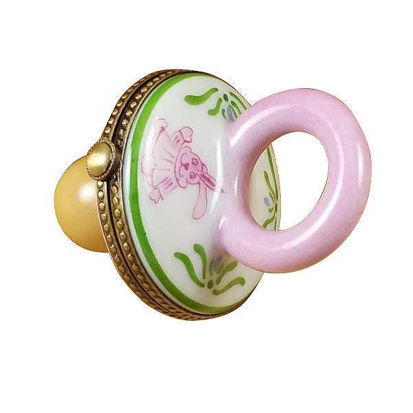 Pacifier with Rabbits - Pink Porcelain Limoges rabbit baby French Trinket Box