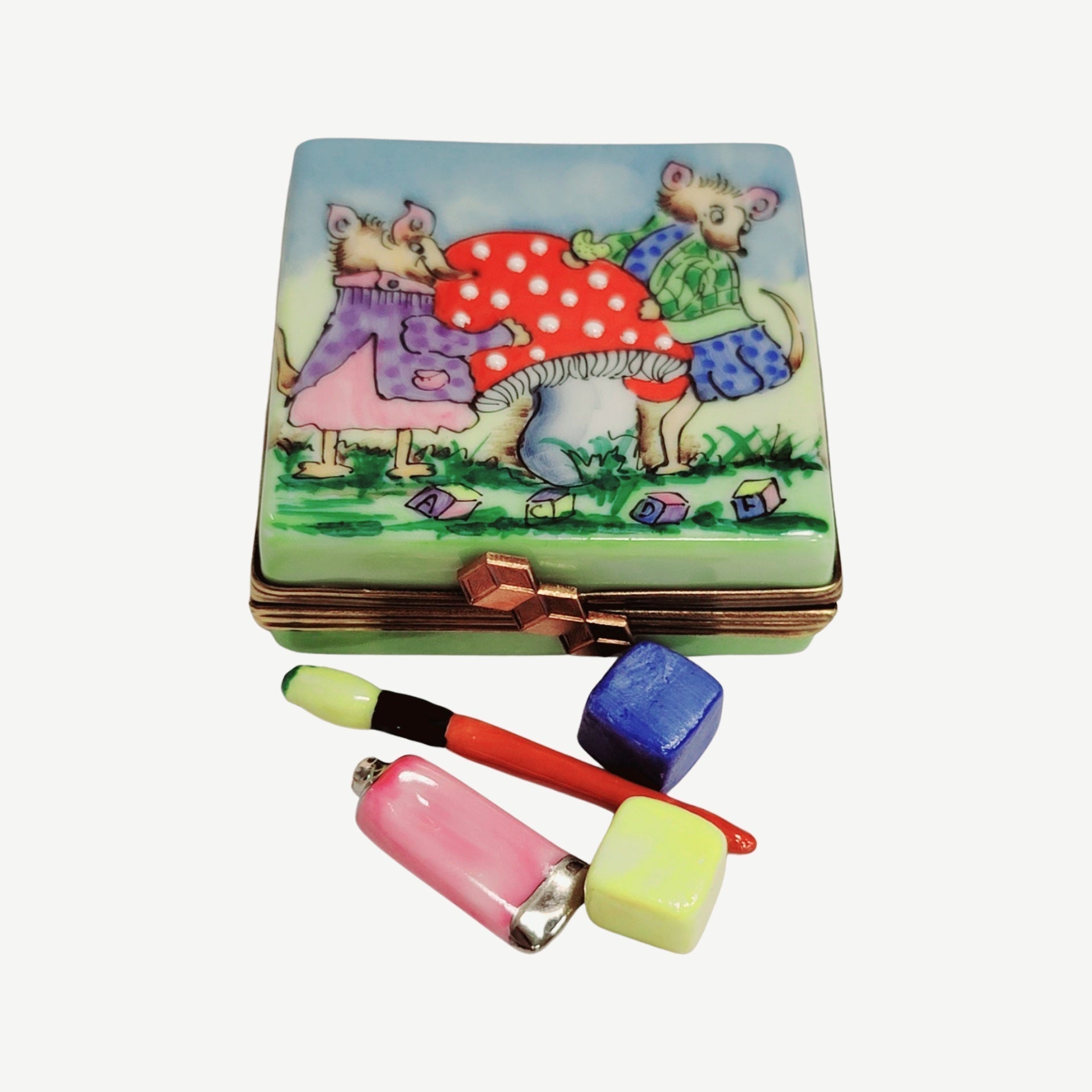 Mice And Mushroom Paint Box Porcelain Limoges baby French Trinket Box