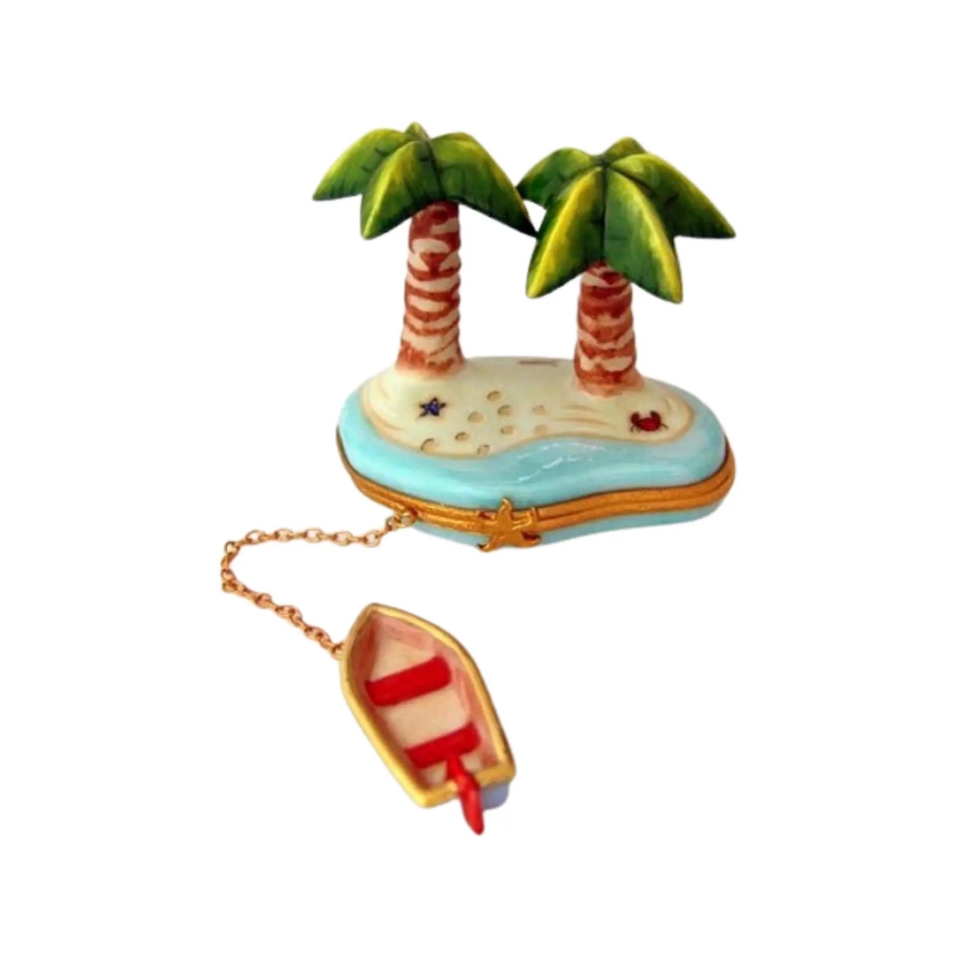 Palm Trees w Row Boat Porcelain Limoges beach ocean French Trinket Box