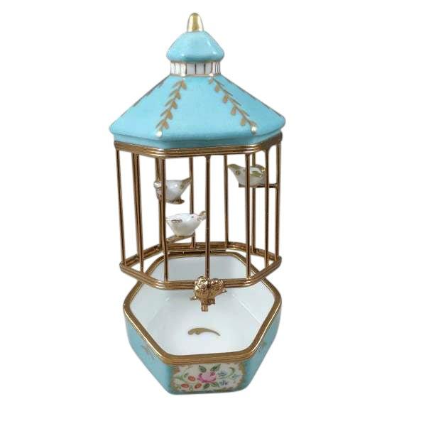 Pastel Blue Bird Cage with 3 Gold Birds Porcelain Limoges bird French Trinket Box