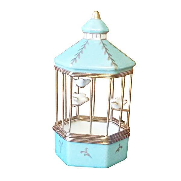 Pastel Blue Bird Cage with 3 Gold Birds Porcelain Limoges bird French Trinket Box
