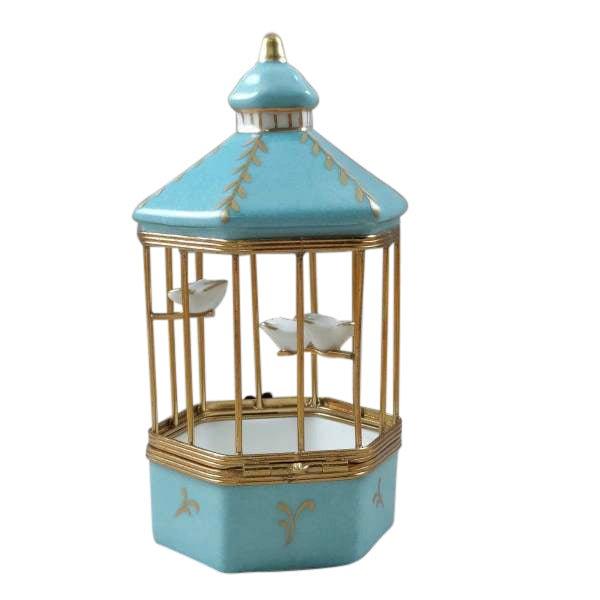 Pastel Blue Bird Cage with 3 Gold Birds Porcelain Limoges bird French Trinket Box