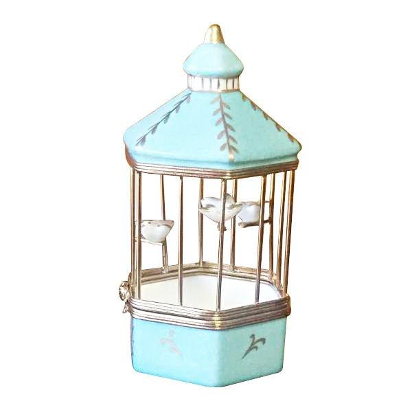 Pastel Blue Bird Cage with 3 Gold Birds Porcelain Limoges bird French Trinket Box