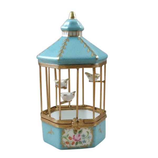 Pastel Blue Bird Cage with 3 Gold Birds Porcelain Limoges bird French Trinket Box