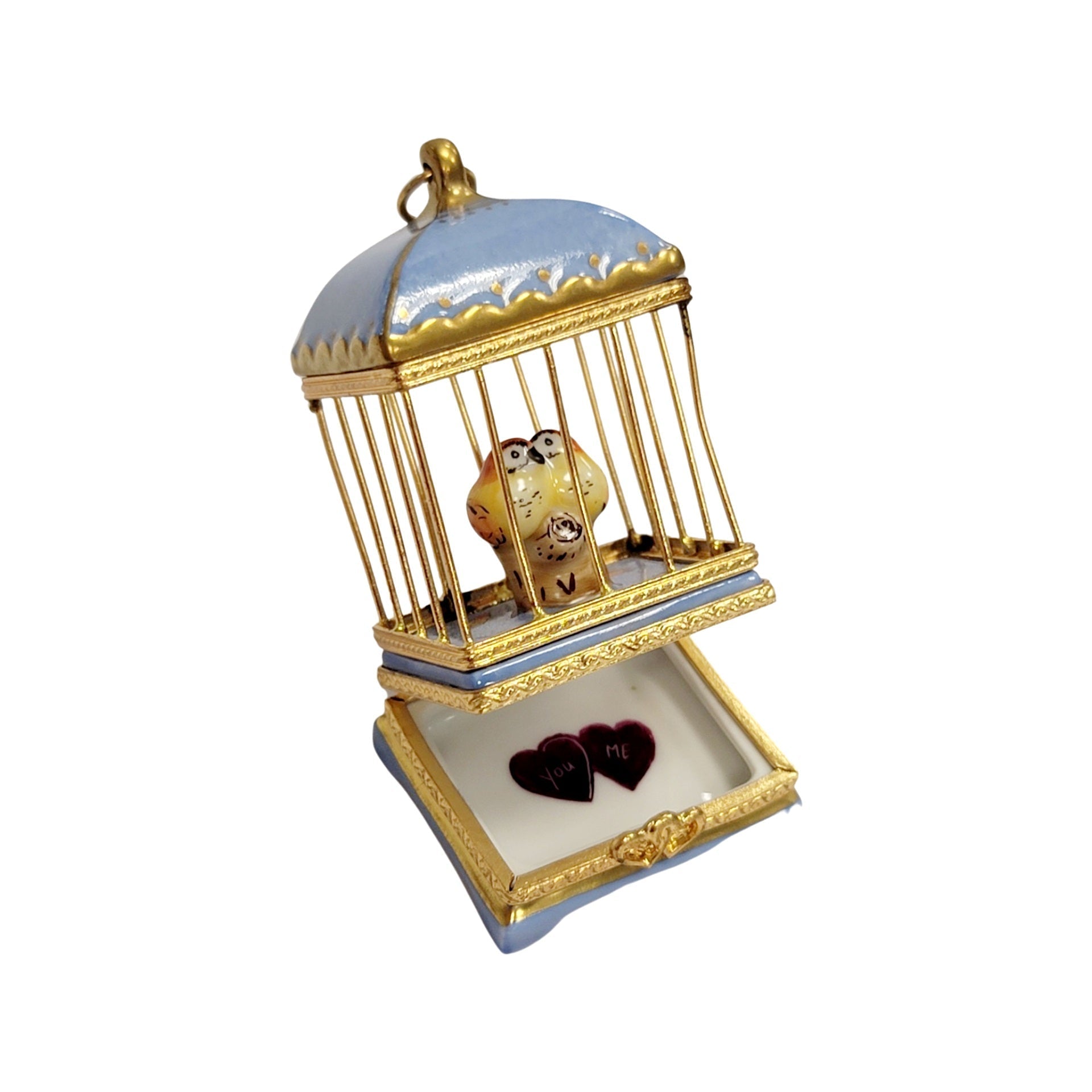 Pastel Blue Love Birds Cage Porcelain Limoges bird French Trinket Box