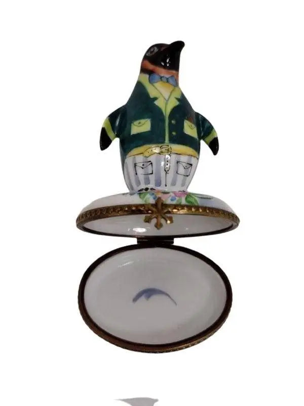 Penguin With Flowers Delight Porcelain Limoges winter wild birds French Trinket Box