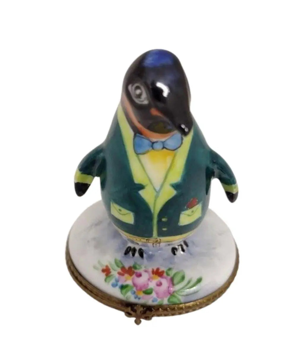 Penguin With Flowers Delight Porcelain Limoges winter wild birds French Trinket Box