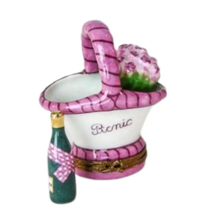 Picnic Basket Flowers Champagne Porcelain Limoges Basket Love Valentine Special Food French Trinket Box