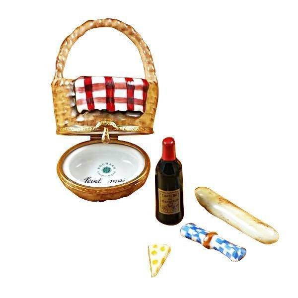 Picnic Basket with Wine, Bread, Cheese & Napkin Porcelain Limoges Home Beach Basket French Trinket Box