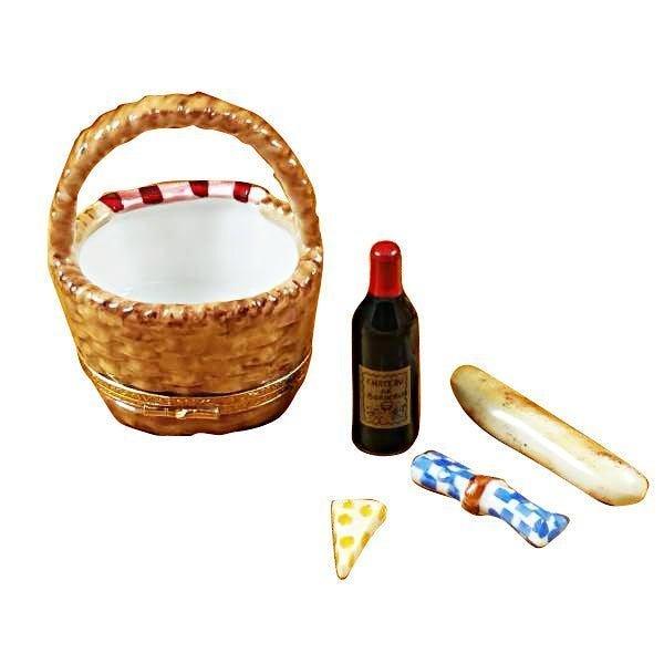 Picnic Basket with Wine, Bread, Cheese & Napkin Porcelain Limoges Home Beach Basket French Trinket Box