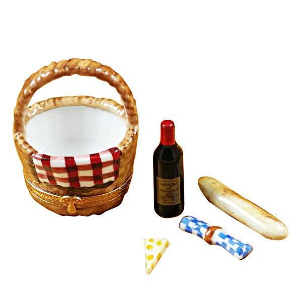 Picnic Basket with Wine, Bread, Cheese & Napkin Porcelain Limoges Home Beach Basket French Trinket Box