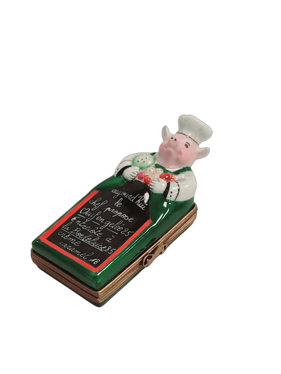 Pig Chef w Menu Porcelain Limoges pig professional limoges boxes French Trinket Box