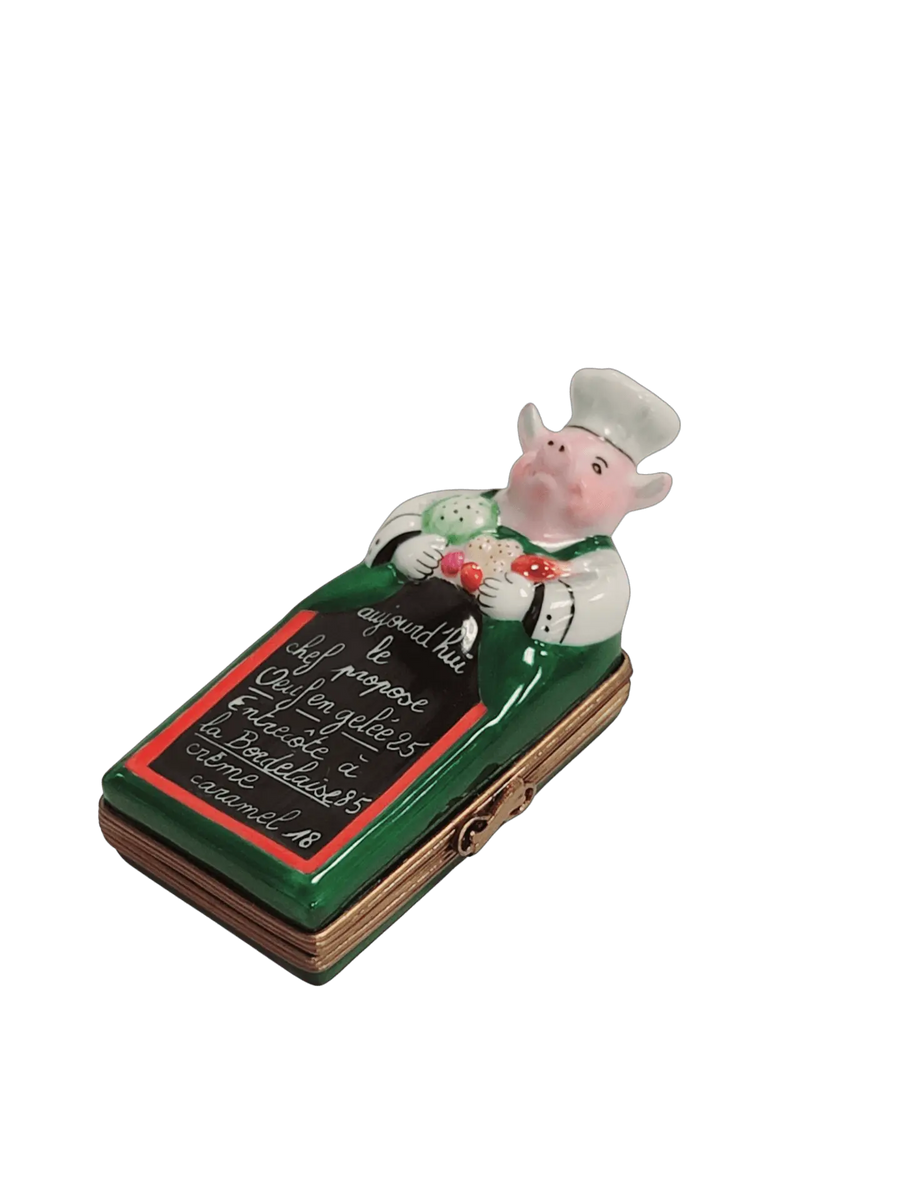 Pig Chef w Menu Porcelain Limoges pig professional limoges boxes French Trinket Box