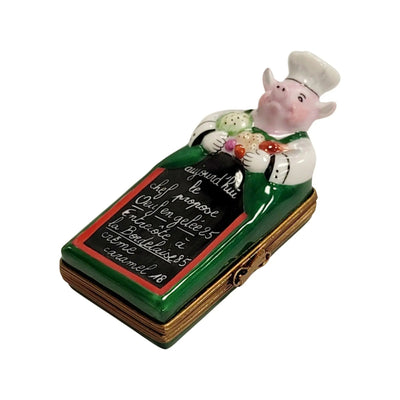 Pig Chef w Menu Porcelain Limoges pig professional limoges boxes French Trinket Box