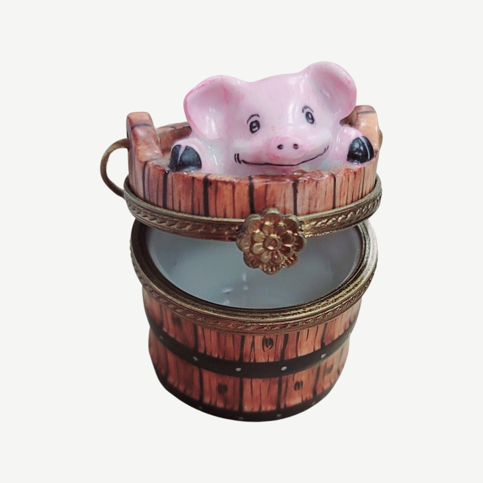 Pig in Charming Wash Bucket Porcelain Limoges Limoges Box pig farm French Trinket Box