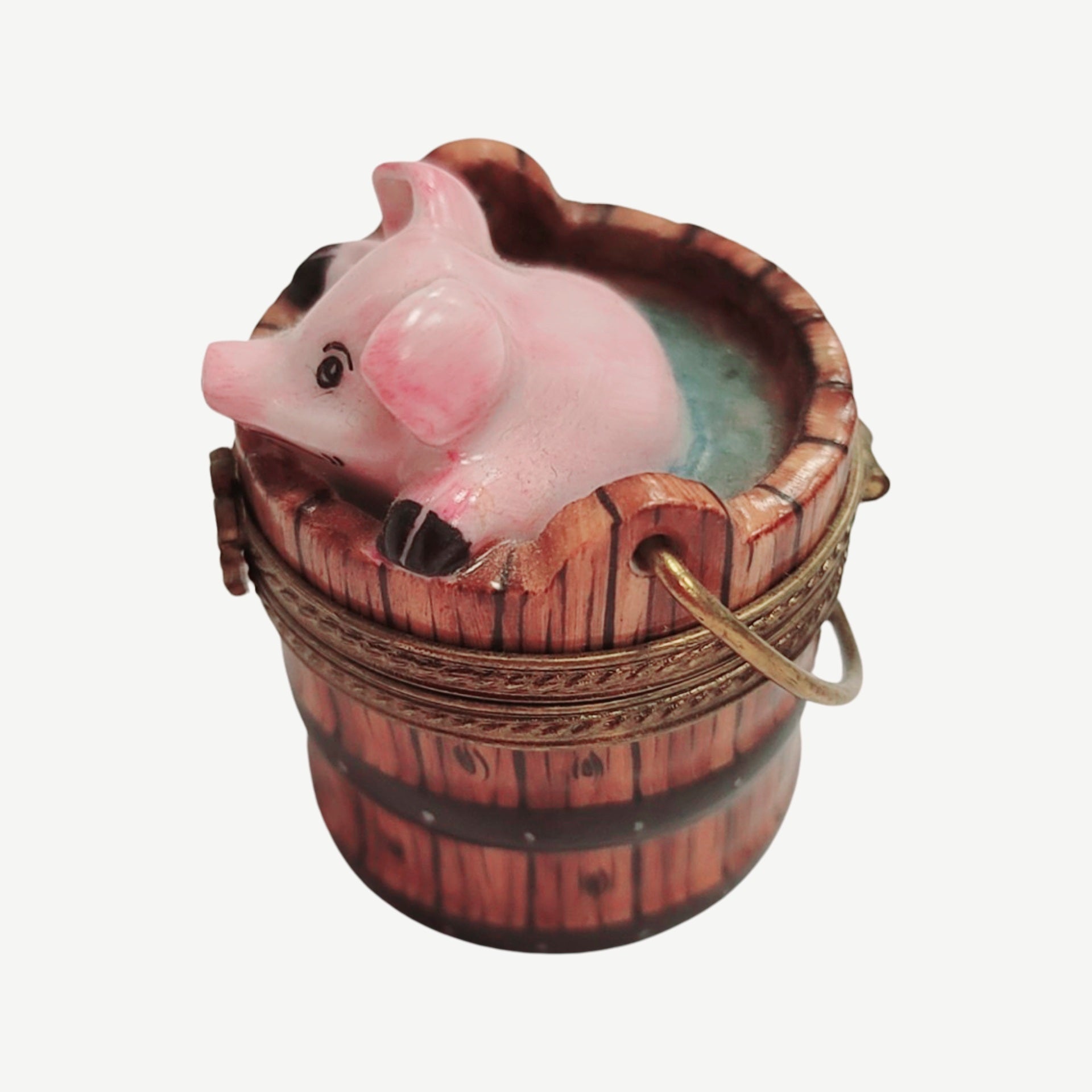 Pig in Charming Wash Bucket Porcelain Limoges Limoges Box pig farm French Trinket Box