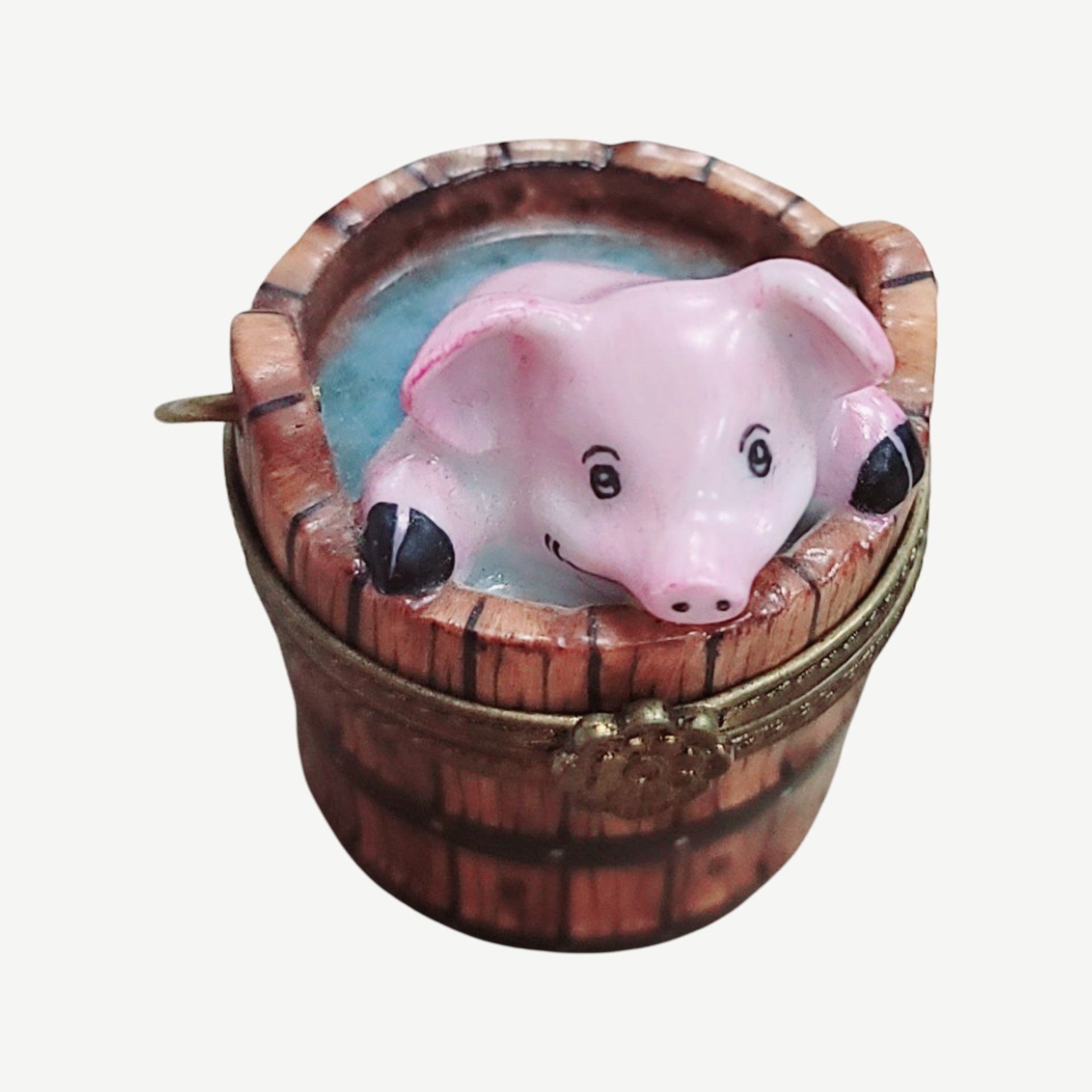 Pig in Charming Wash Bucket Porcelain Limoges Limoges Box pig farm French Trinket Box