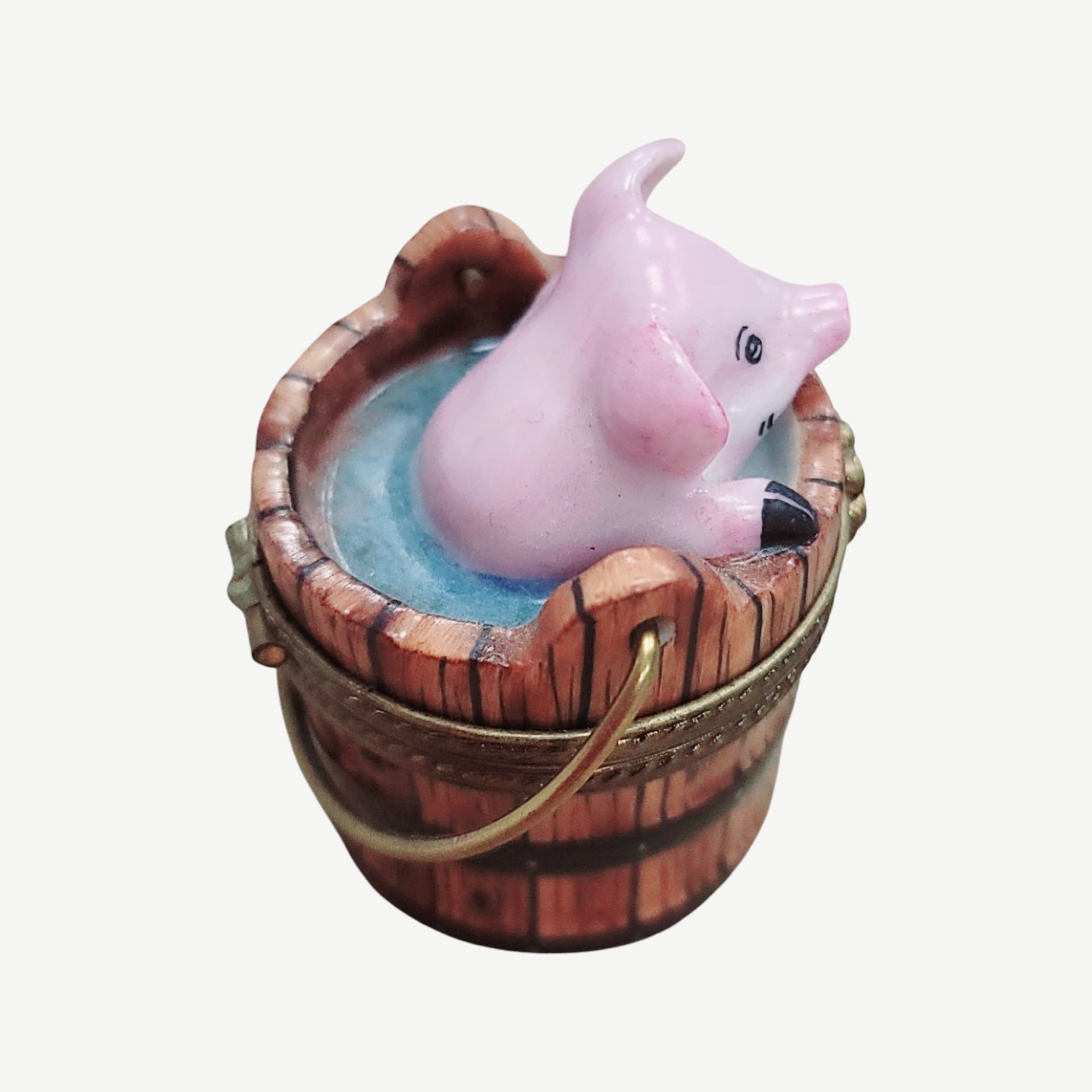 Pig in Charming Wash Bucket Porcelain Limoges Limoges Box pig farm French Trinket Box