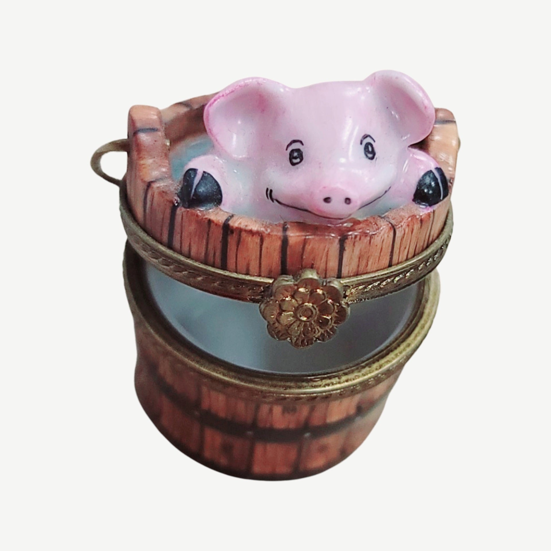 Pig in Charming Wash Bucket Porcelain Limoges Limoges Box pig farm French Trinket Box