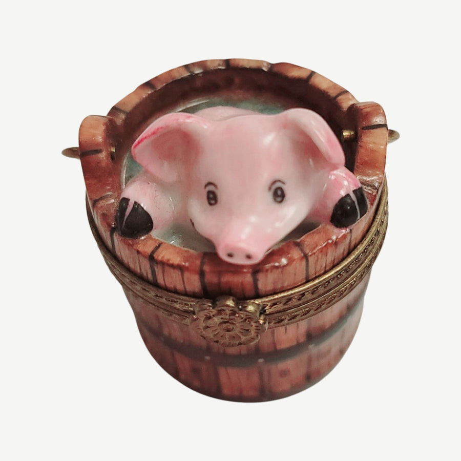 Pig in Charming Wash Bucket Porcelain Limoges Limoges Box pig farm French Trinket Box