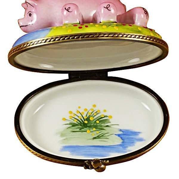 Pig with Three Babies Porcelain Limoges farm pig French Trinket Box